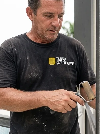 Owner of Tampa Screen Repair on a job site in a company shirt