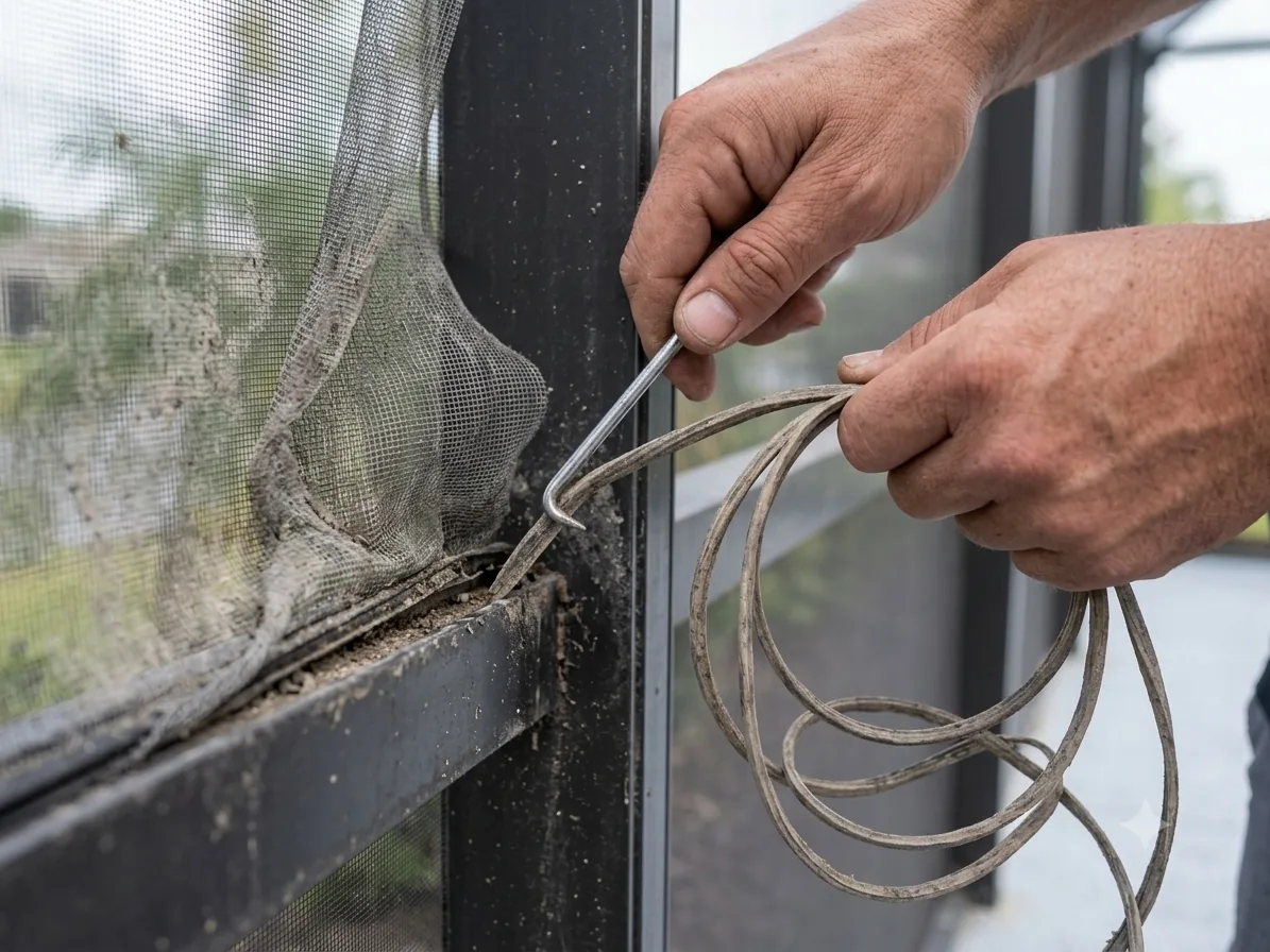 Technician pulling old spline out of an aluminum screen channel