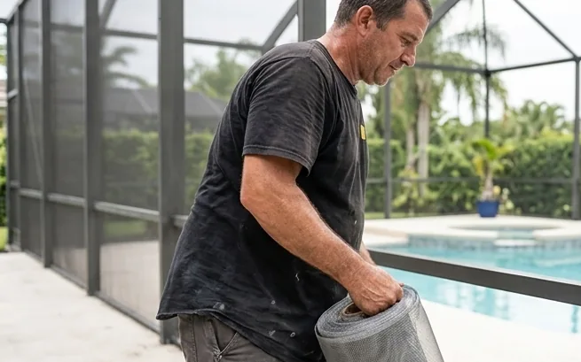 Tampa Screen Repair technician carrying a fresh roll of charcoal screen mesh into a pool enclosure