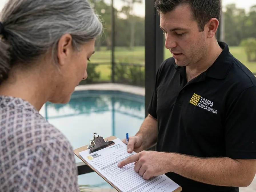 Estimator with a tape measure reviewing a pool enclosure with a Tampa homeowner