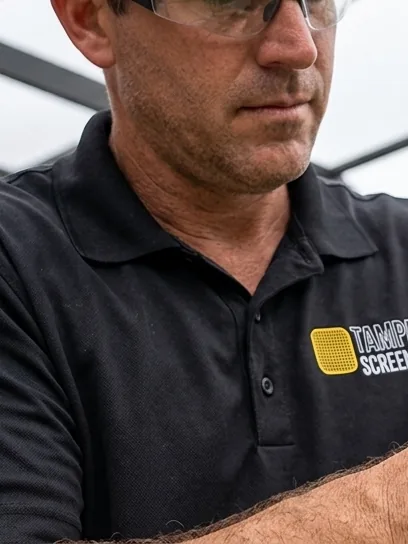 Screen technician carrying a rebuilt window screen frame