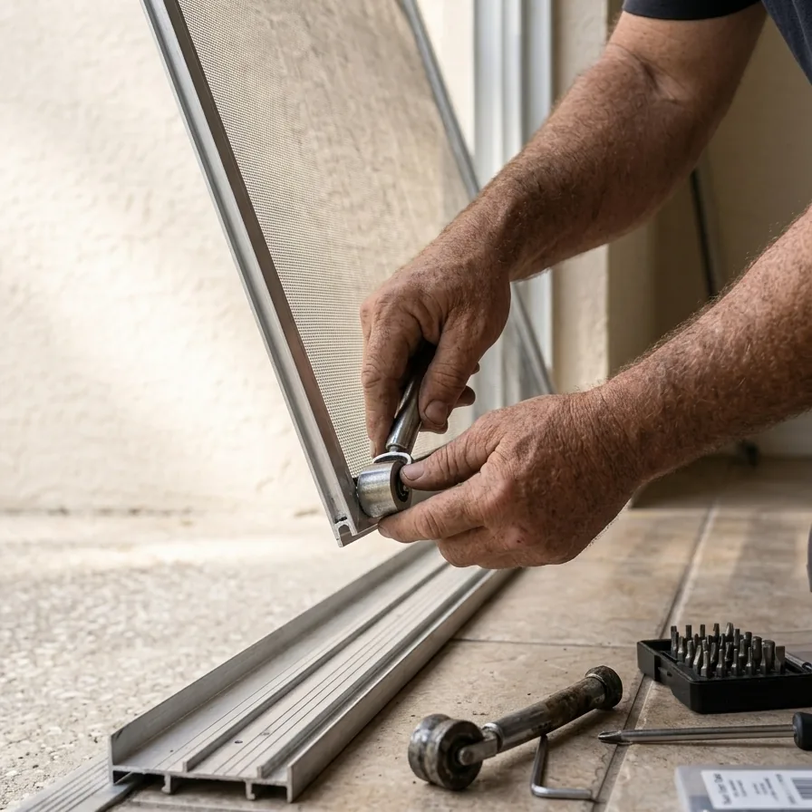 New sliding screen door with fresh rollers installed in Valrico